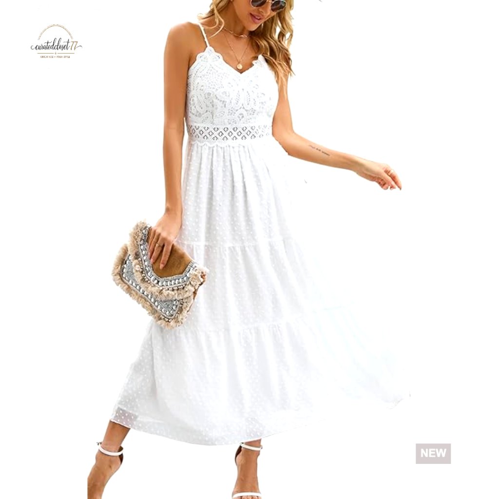 White Swiss Dot Lace Maxi Dress With Spaghetti Straps For Summer Beach Wedding